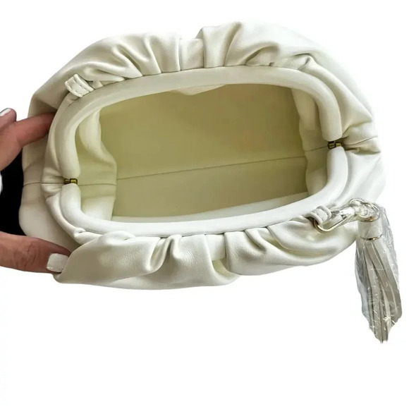 Understated Leather Vegan Ivory Crescent Clutch Gold Crossbody Chain w/Dust Bag - Picture 6 of 11